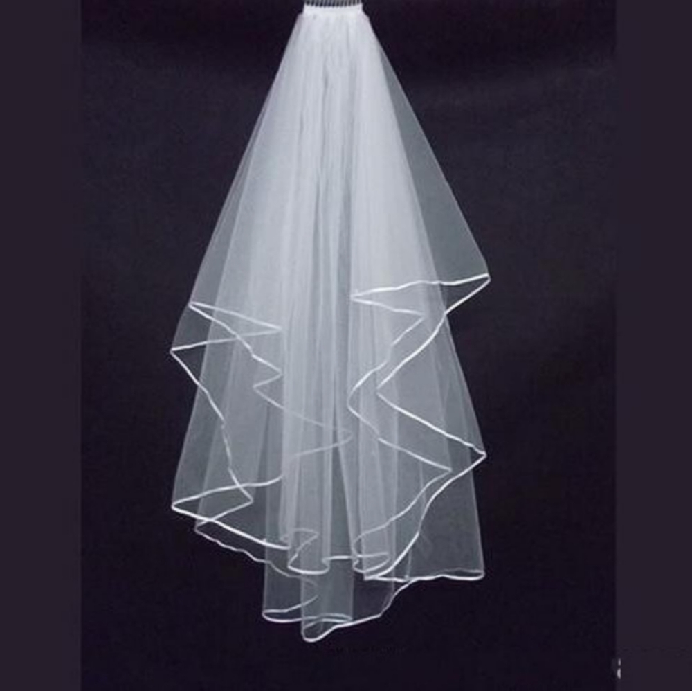 New white wedding bridal veil sheer tulle with ribbon trim